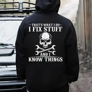 Women's Classic Traditional Casual Hoodie - "That's What I Do I Fix Stuff And I Know Things" Print, Skull & Crossed Wrenches Mechanic Tee-Inspired, Funny Blue Collar Dad Fabric Sweatshirt