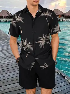 Men's Plants Print Shirt & Shorts Two-Piece Set, Casual Short Sleeve Button Top & Shorts Set, Men's Clothing Set for Summer Beach Vacation, Menswear