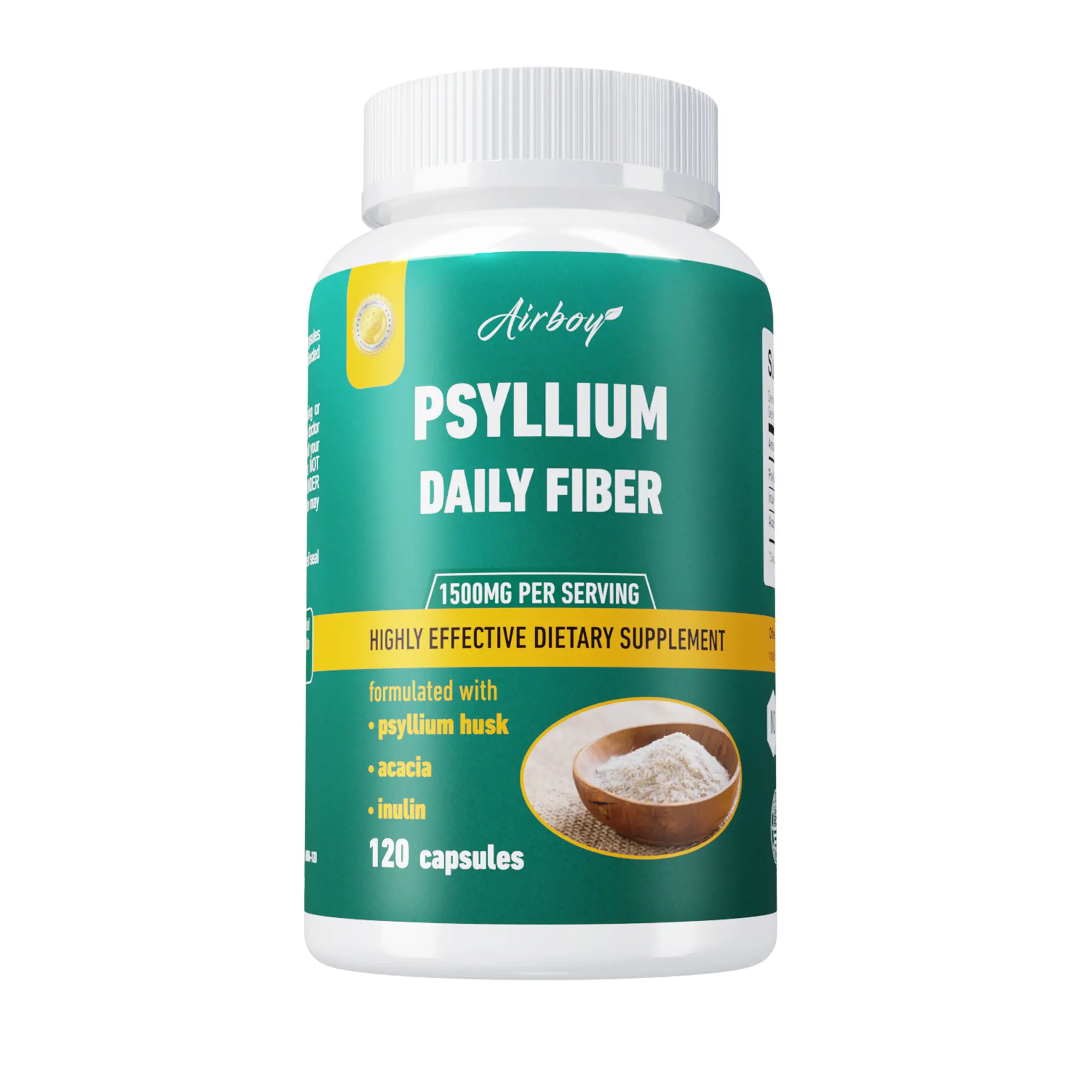 Airboy Daily Fiber Dietary Capsules - 120 Caps Natural Supplements for Adults, 1500mg per Serving High-Fiber Blend with Psyllium Husk, Acacia, Inulin & Healthy Ingredients, Prop 65 Safe, 24-Month Shelf Life, Supports Digestion