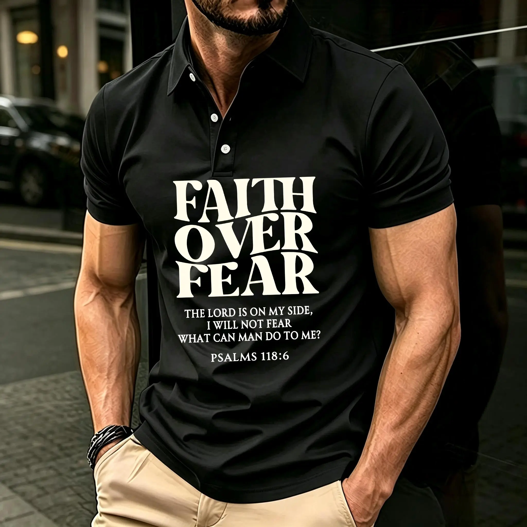 Faith Over Fear Graphic Print Men's Casual Fashion Sports Short-Sleeved Classic Polo Shirt, Essential For Outdoor Running And Golf