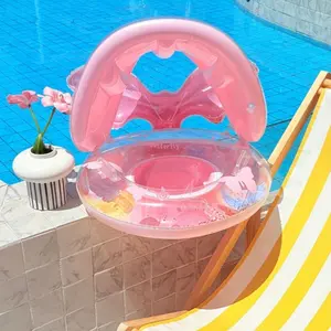 Mermaid Design Swimming Ring, Detachable Sunshade Swimming Circle, Comfortable Sponge Bottom Swimming Ring, Inflatable Pool Float for Indoor & Outdoor Swimming Pool, Inflatable Pool Floaters