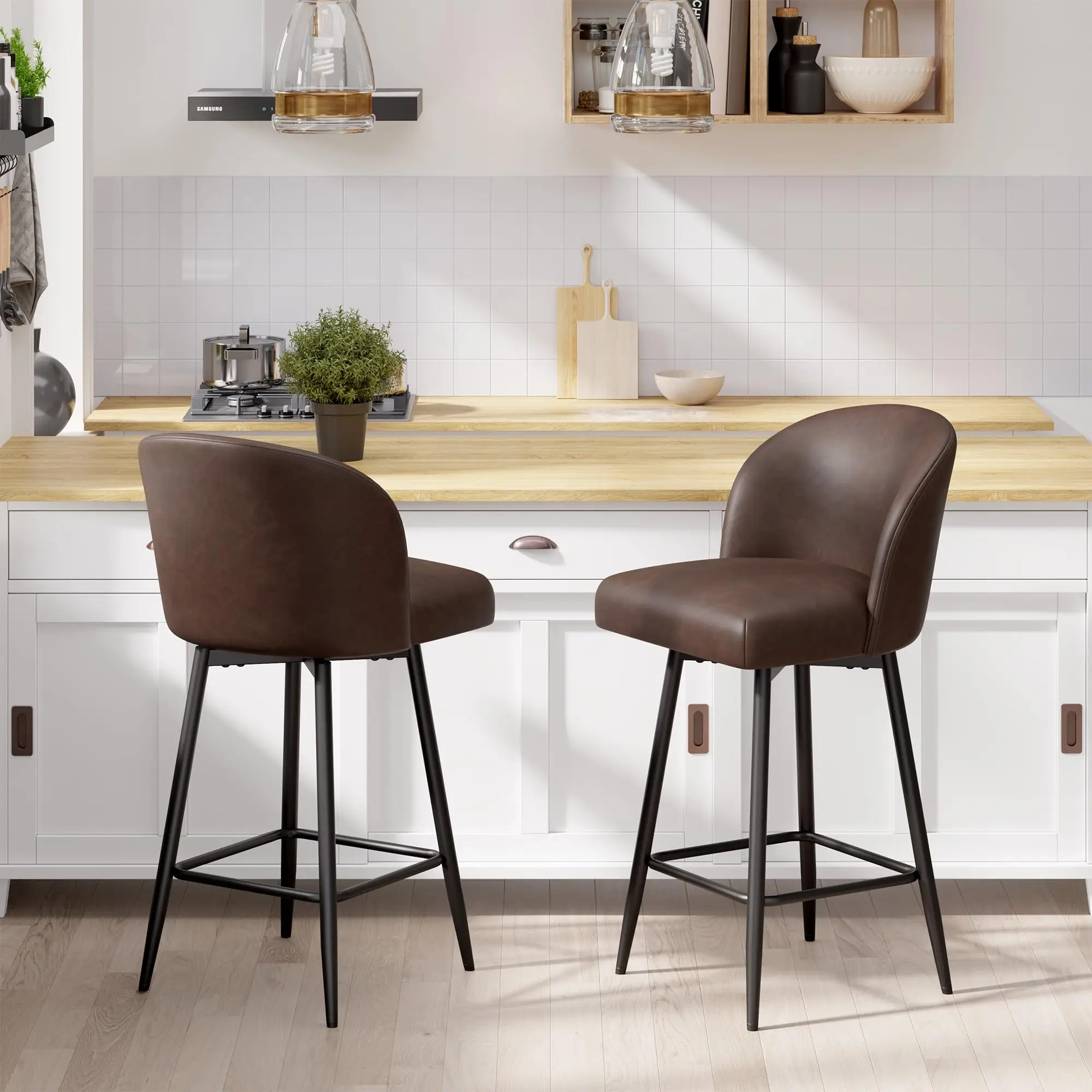 BarStools Set of 2,360° Swivel Barstools with High Back and Metal Legs,26" Height, Upholstered PU Leather Bar Chairs for Kitchen, Dining Room,Cafes