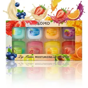 8-piece lip combo set featuring mini lip balm with fruity scents, ideal for daily moisturizing and nighttime care. Helps soothe dry lips and provides a gentle, portable exfoliating treatment.