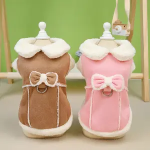 Elegant Fall Winter Dog Coat with Bow Tie Fleece Lining, Soft Durable Pet Dog Jacket with Fur Collar, Small Dogs Apparel, Clothes