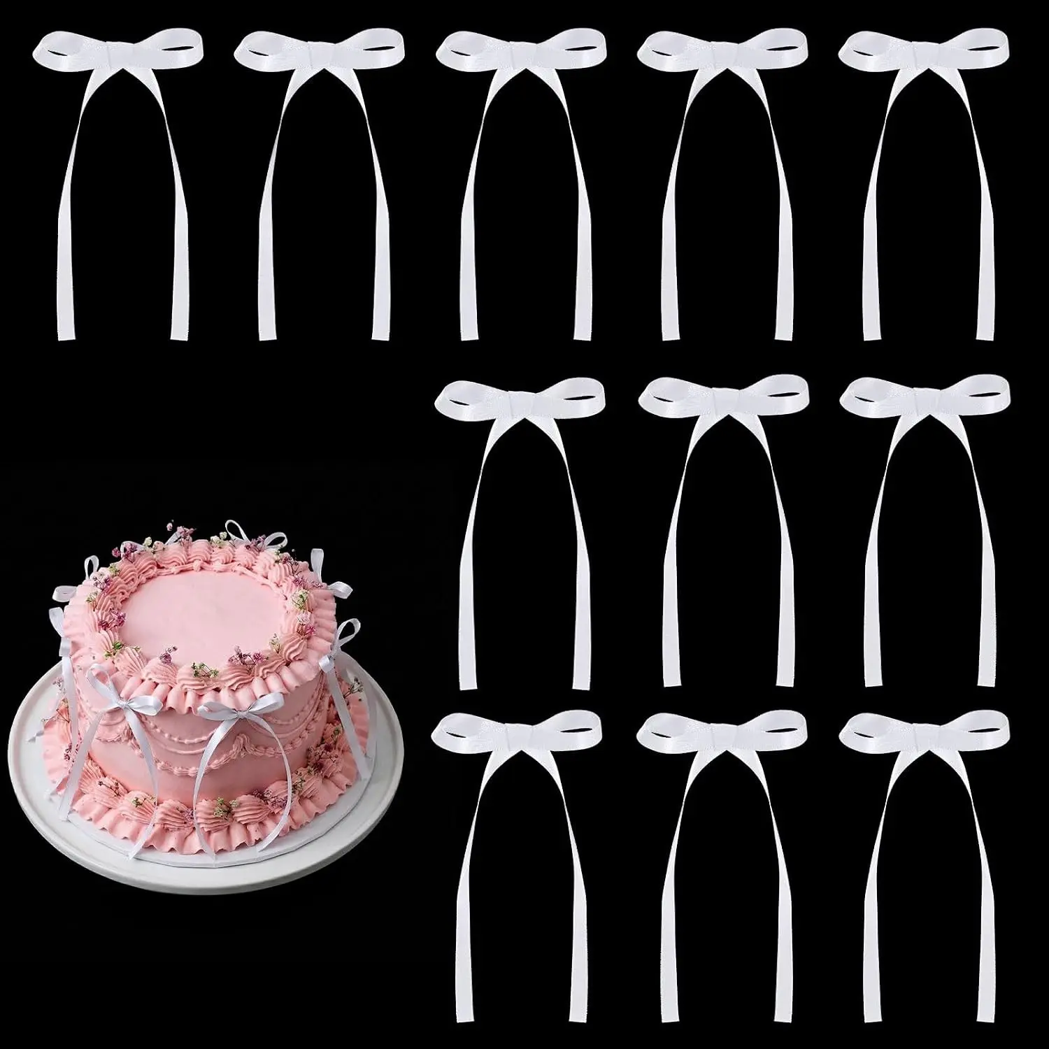 30 Pack White Ribbon Bow Cake Toppers