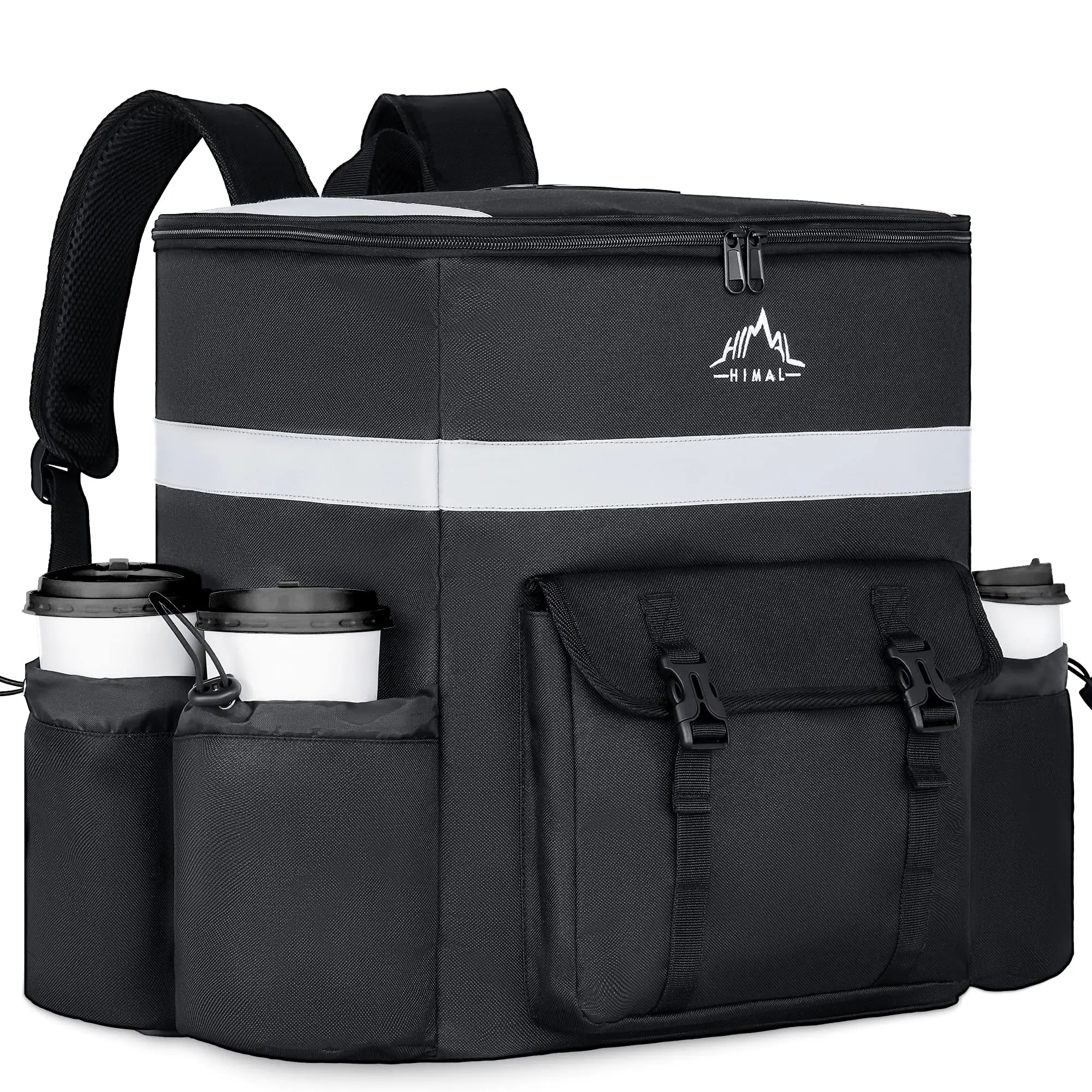 GoHimal Food Delivery Backpack, insulated delivery bags for Delivery Bike, Large Pizza Delivery Bag for HOT/COLD with 4 Pockets Reflective Strip for Uber Eat,Camping & Beach (Black)