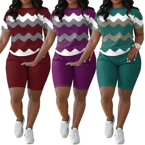 Trendy Chevron Print Two Piece Outfits for Women Summer Bodycon Short Pants Sets Lounge & Street Style Yoga summervibes' Sports Suit