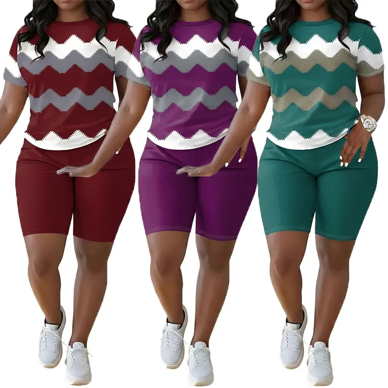 Women's 2-Piece Bodycon Outfit, Chevron Print Athletic Sports Clothing with Shorts for Summer Lounge & Yoga, Sports Casual Wear, Matching Workout Set, Athleisure Sportswear Set, Lightweight Athletic Outfits, Casual Fitness Sportswear, Active Outfits, Wome