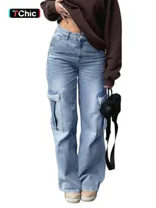 Teen Girl Loose Cargo Style Denim Jean Pants with Button Pockets, Trendy Casual Look, Comfortable and Fashionable Design, Perfect for Everyday Wear and Outdoor Adventures