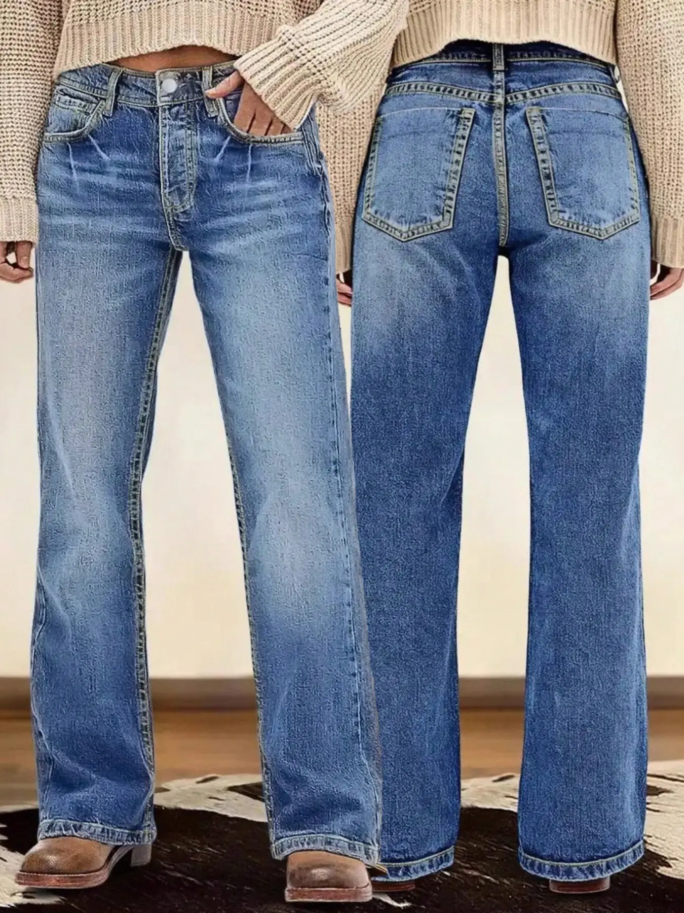 Women’s Vintage Washed Straight Leg Jeans, Bottom, American Workwear Fashion Style Distressed Versatile Casual Denim Pants, Fit, Starched Jeans