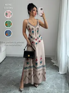 Women's Comfy Chic Ethnic Pattern V Neck Sleeveless Long Dress, Thin Woven Fabric, Fashion Casual Loose-Fit Dress, Womenswear