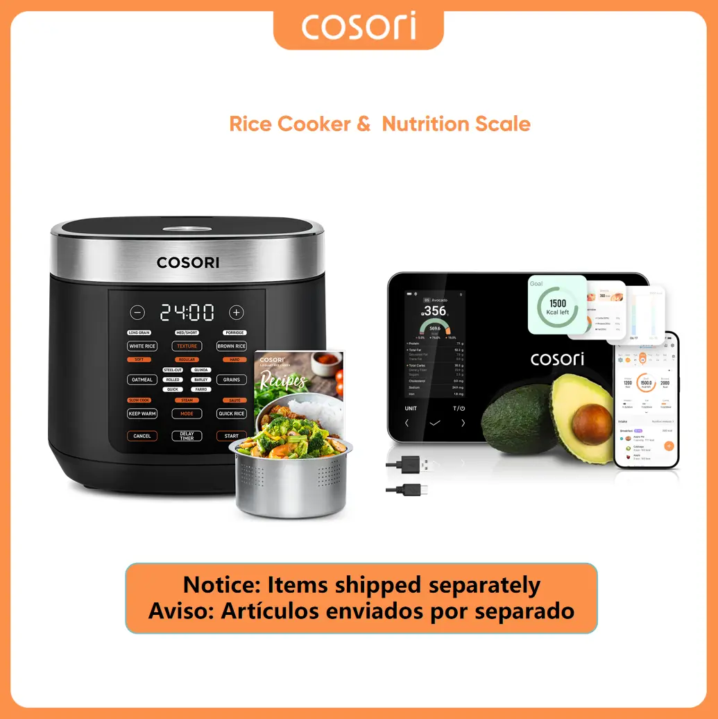 COSORI 5-Qt 18-in-1 Fuzzy Logic Multifunction Rice Cooker & Grain Cooker - Nonstick Pot, 24H Keep Warm, 50 Recipes Bundle with Nutrilens R001S AI Scan Smart Nutrition Kitchen Scale - Bluetooth, Type-C Charging, Accurate Nutritional Analysis