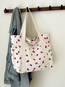 Strawberry Print Corduroy Shoulder Bag, Large Capacity Storage Tote, Simple Versatile Multi-Functional Design, Fashion Daily Use