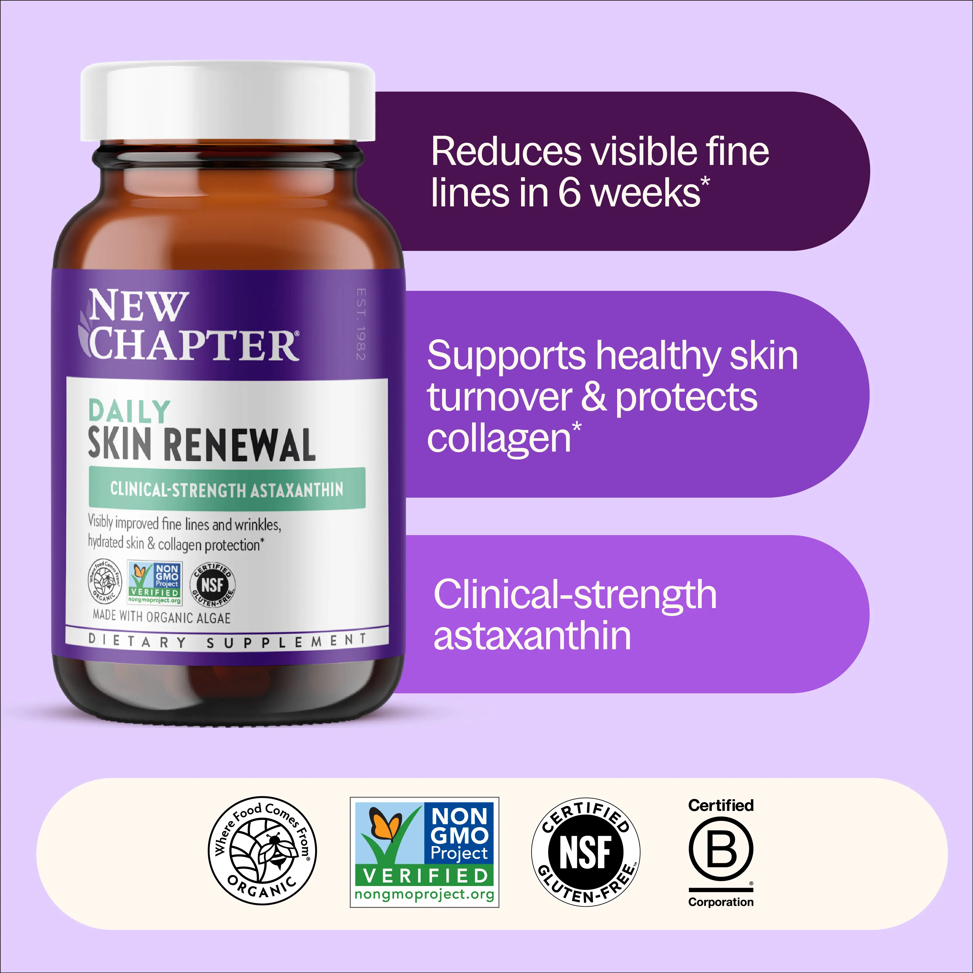 New Chapter Daily Skin Renewal with Clinical-Strength Astaxanthin Supplement + Collagen Protection & Vitamin A C E Zinc for Healthy Skin - 30 ct