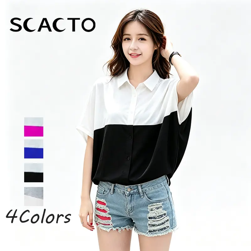 Scacto Women's Collared Kawaii Cotton Blend Batwing Short-Sleeve Spandex Blouse - Medium Length Trendy Tops for School, Cute School Wear for Students