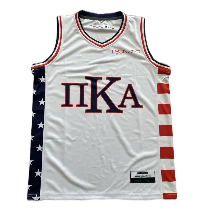 PIKE Fraternity Custom White USA Jersey - American Flag Design, Red-Blue Trim, Authentic Look, Quick-Dry Microfiber Fleece, UV-Protective, Water-Resistant for Pike Frat Members