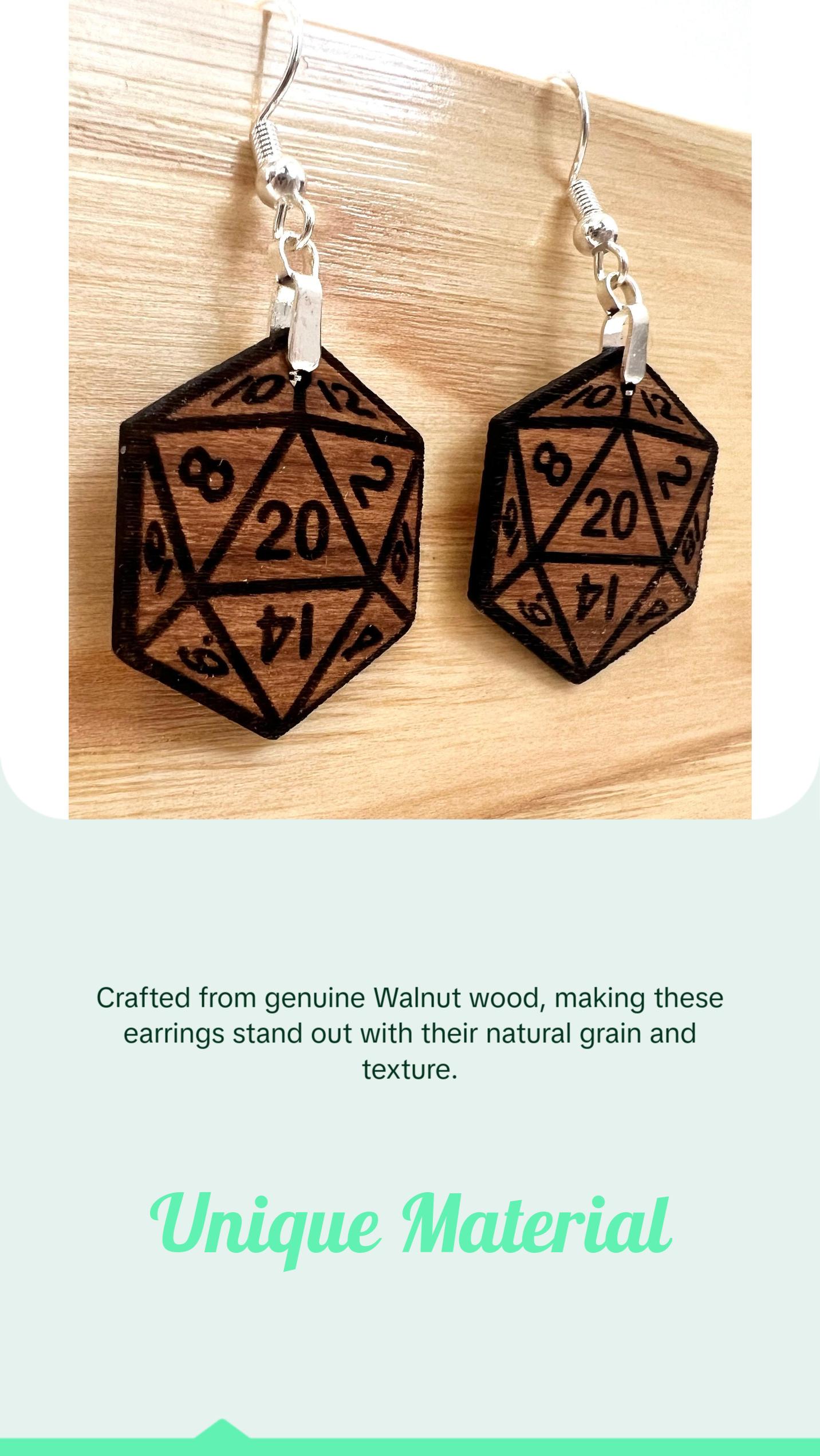 D20 DICE Walnut Earrings Silver S925 clamp style hooks- D & D inspired Walnut Earrings