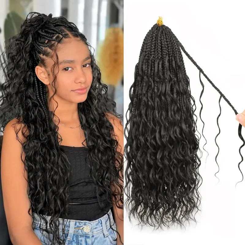 Goddess Box Braids Pure Protein Fiber Close to Human Hair 24 Inch 8 Packs Boho Crochet Braids with Soft Curls Bohemian Braids Crochet Hair for Black Women (24Inch,1B