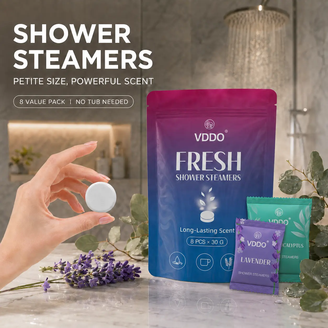 Luxury Aromatherapy Shower Steamers Body Care Gift Set - Premium Essential Oil Bath Tablets with Fragrance for Daily Relaxation, Long-Lasting Lavender & Eucalyptus Scents, ASMR Self-Care Shower Bombs, 8-Pack (30g Each), Pouch
