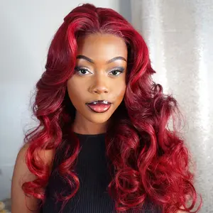 Arabella Hair Red on Red Highlighted Burgundy Wig Loose Body Wave 6x5 Glueless Put on Go Lace Front Human Hair 99J# Wavy Wigs
