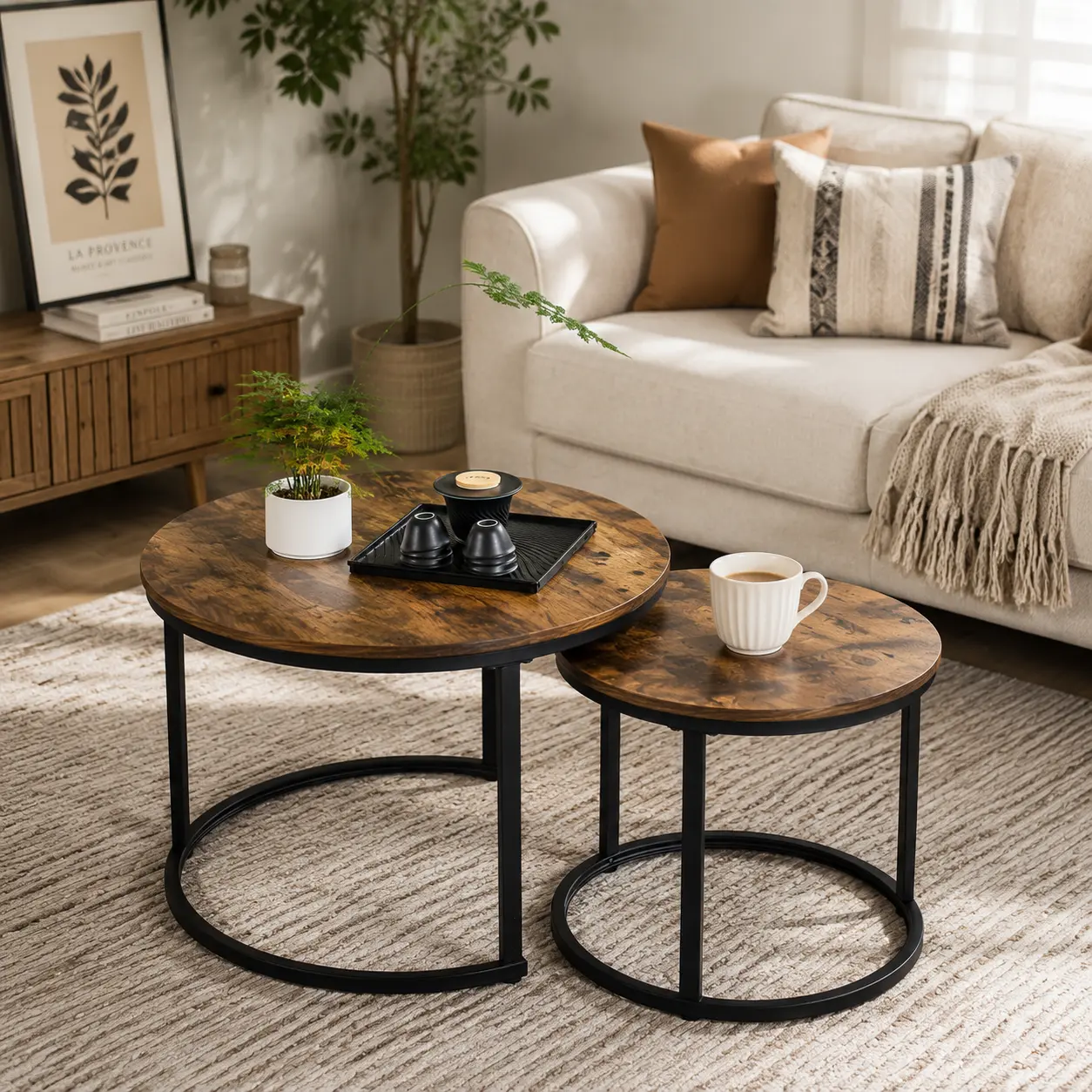 Small Round Nesting Coffee Table Set of 2 for Living Room, 27.56 inch Wood Grain Faux Marble Modern Stacking Circle Coffee Table Side Table End Table with Metal Frame for Bedroom