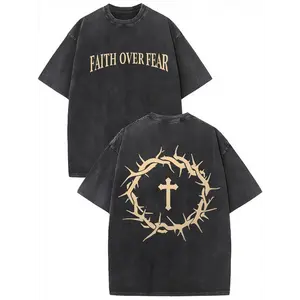 Faith over fear vintage washed high quality cotton printed T-shirt men's T-shirt old summer clothing dropped shoulder sleeves round neck short sleeve top