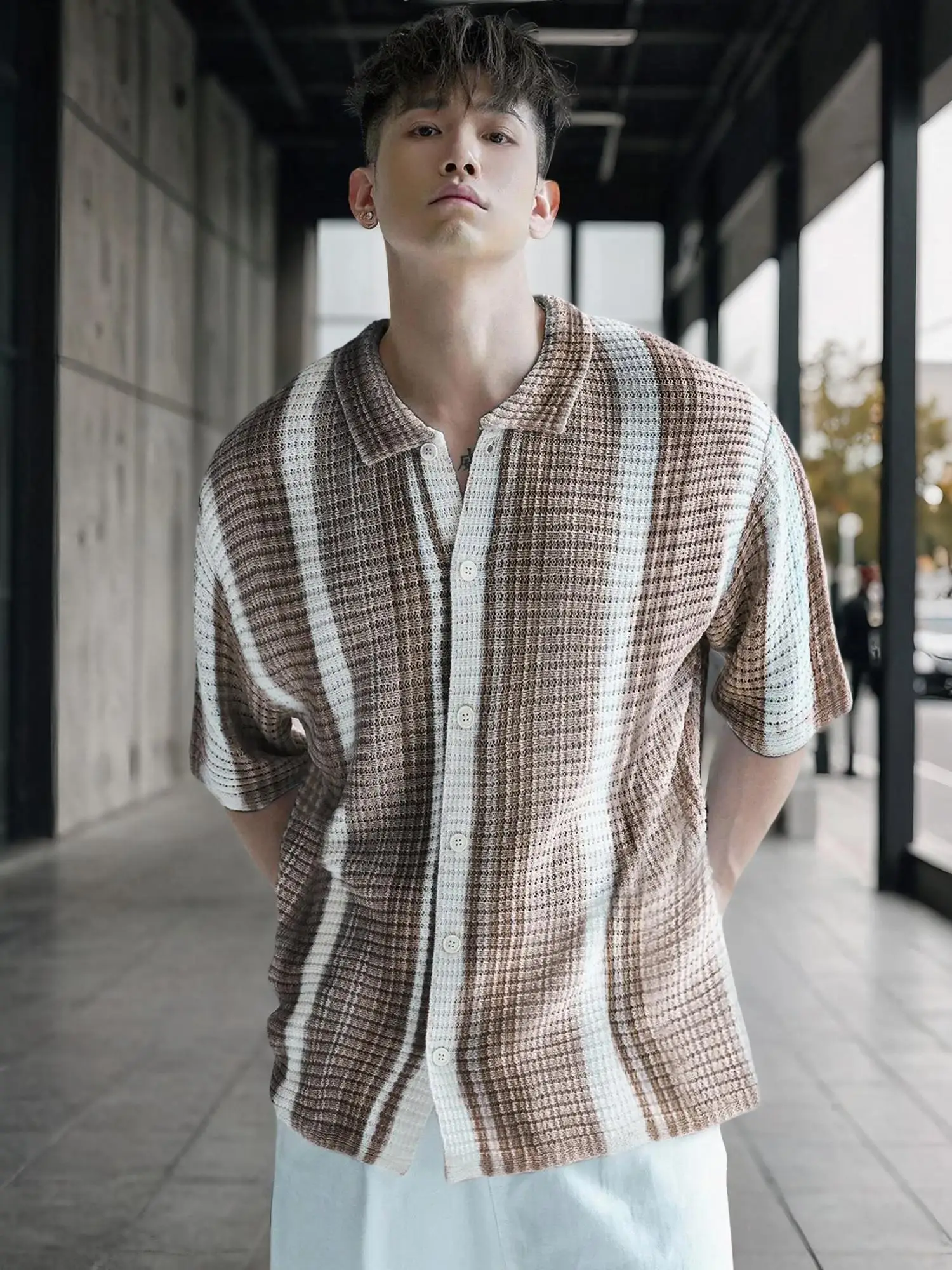 Men's Striped Print Button Front Collared Cardigan, Regular Fit Casual Drop Shoulder Half Sleeve Knitwear for All Seasons, Fashion Men's Knit Clothing