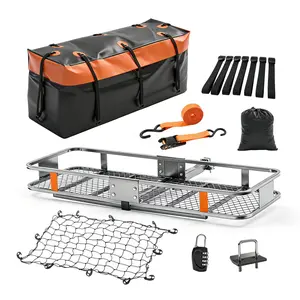 Folding Hitch Mount Cargo Carrier Basket 60x21x6 with Waterproof Luggage Bag 16 Cubic Feet, 500 Lbs Capacity Cargo Basket, with Hitch Stabilizer, Straps, Net