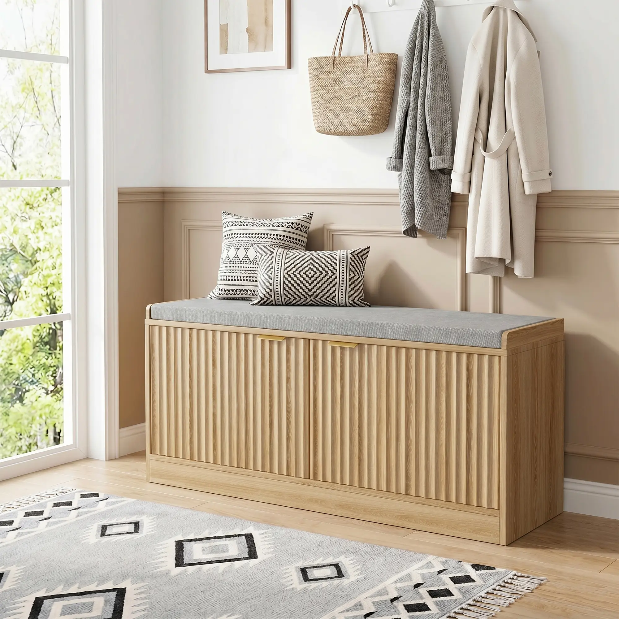 NOVAMAISON Striped Multipurpose Furniture Shoe Storage Bench with Cushion, Double Doors, Adjustable Shelf, Easy Setup & Light Luxury Design, Entryway Bench for Hallway, Living Room (Black, White, Natural Wood), Stripped