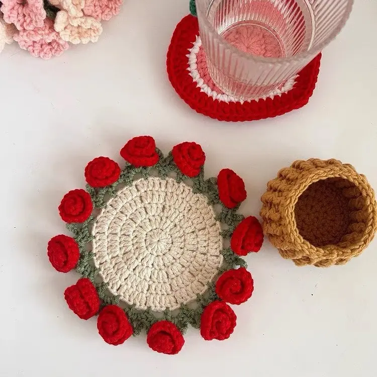 Handmade Cotton Floral Pattern Place Mats Set - 6.7in Soft Cotton Yarn Round Coasters, Mini Jewelry Storage Basket, Home Decor for Kitchen Countertops, Desk Organization, Bookshelves, Fits Most Mugs/Planters, Ideal Birthday Gift