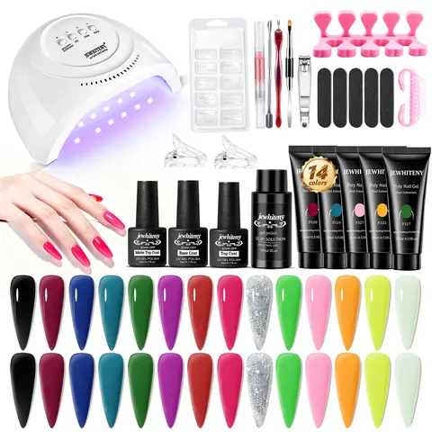 JEWHITENY 14-Color Lightweight UV Polygel Nail Care Starter Kit - 3-min 48W Lamp-Included All-In-1 Set with Base Coat, Top Coat, Builder Gel, Manicure Tools (Ideal for 14color Nail Art Needs, Great Gift for Women)