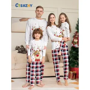 Family Christmas Pajamas Set, Reindeer Print Top & Plaid Pants, Casual Fall Winter Home Wear, Comfortable Holiday Sleepwear