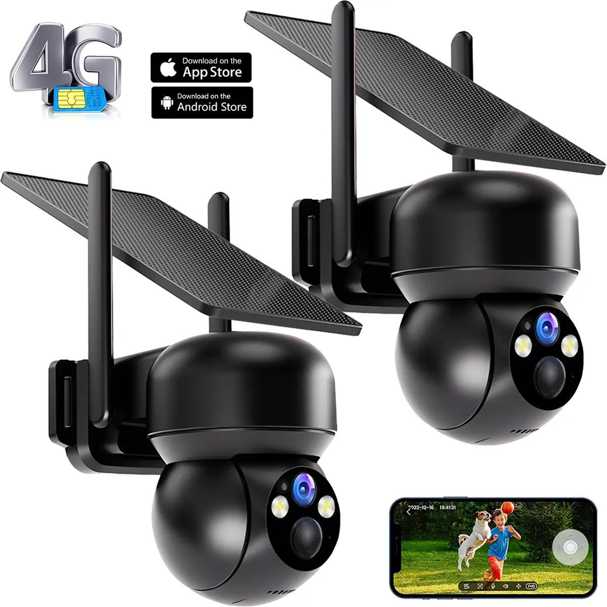 2 Pack 4G LTE Solar Security Cameras Outdoor Wireless - 360° PTZ Cameras for Home Security with Solar Panel/Battery Powered, 4K Color Night Vision, 360° Live View, PIR Motion Detection, 2-Way Talk, Built-in SIM Card(Data refill is required)
