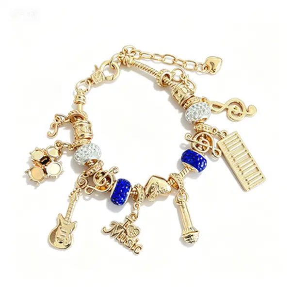 Music Instrument Charm Bracelet, Gold Adjustable Snake Chain Beaded Bracelet, Blue White Rhinestone Guitar Microphone Drum Piano Music Note Wrist Jewelry, Rock Pop Music Themed Gift for Musicians Singers Music Lovers