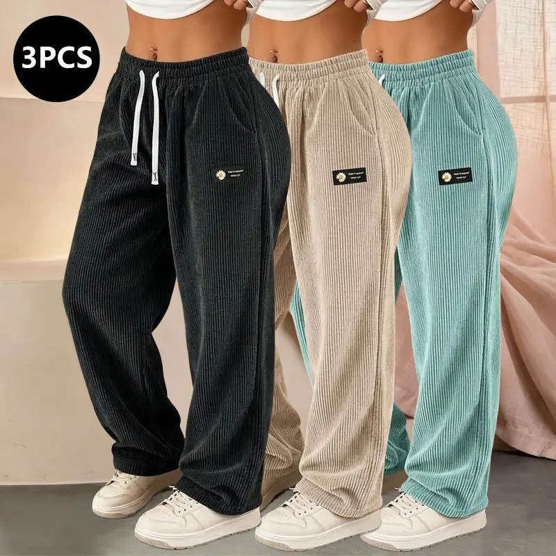 3-pack women’s all-season corduroy athletic casual long pants, solid color with drawstring and pockets, soft and comfortable fabric suitable for everyday wear; elastic waistband with drawstring, solid-color casual pants.