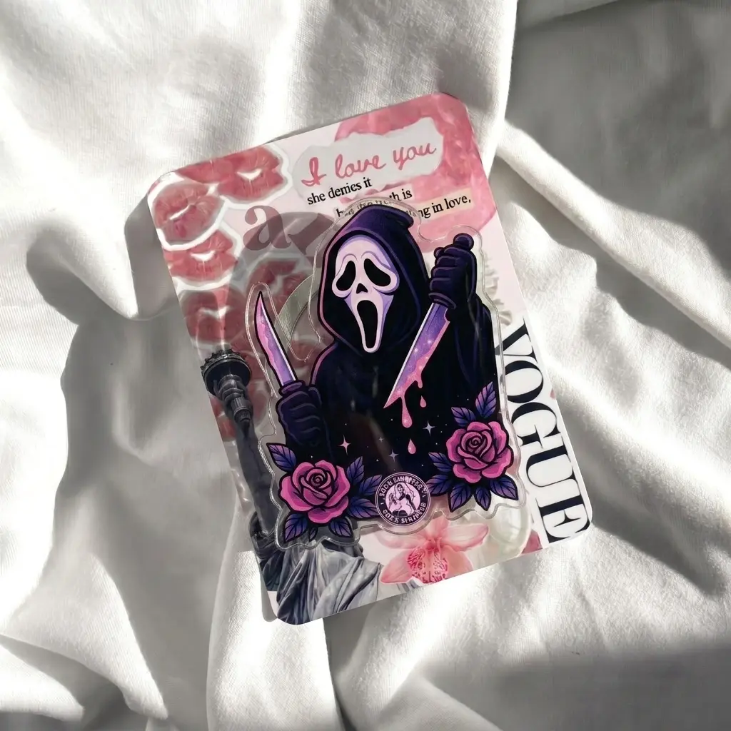 Horror Coquette Knife Phone Holder, Spooky Cute Ghost Mask Phone Grip, Pastel Goth Purple Rose Phone Stand, Retro Slasher Movie Fan Phone Accessory, Goth Gift