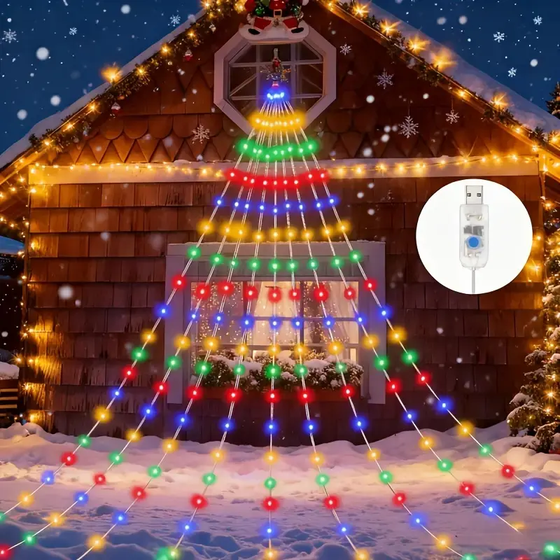 1pc USB-Powered Colorful Waterfall String Lights with 8 Modes, Party Light, Novelty Lighting, Outdoor Decorative Lights, Hanging Christmas Decorations for Home & Outdoor Use - Ideal for Balconies, Gardens, Tents, Christmas Trees