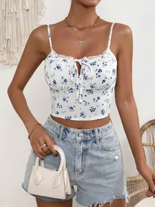 Women's Floral Tie-Dye Sleeveless Crop Top, Base Blue Flower Print, Lace Trim Neckline, Summer Date Night