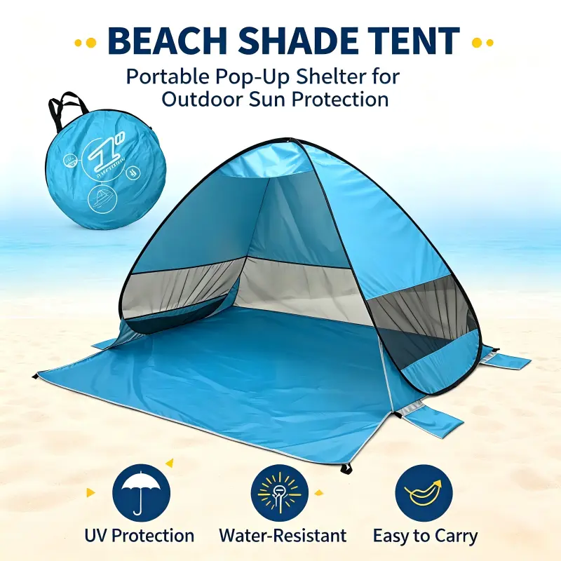 Casual Pop-up Sun Shelter, Portable Blue Polyester Taffeta Shade with UV Protection for Unisex Outdoor Camping, Travel, and Picnics, Beach Tent, 1-3 People, Windproof, Uv Protected, Outdoor Trips, Sunscreen, Easy To Set Up, Sun Protection, Folding Pole Fr