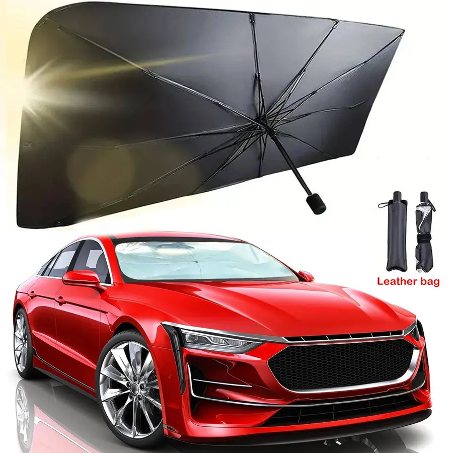 Car Exterior Windshield Umbrella Sunshade - Full Blackout UV Protection Heat Blocker, Tool-Free Vent Visor Accessory, Shields Front Window, Keeps Vehicle Interior Cool for Summer