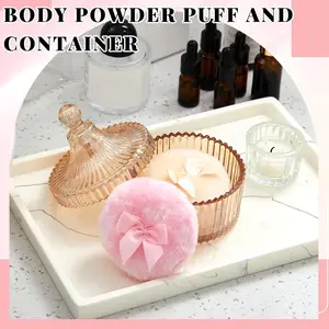 Luxury Soft Velvet Powder Puff & Crystal Glass Container Set, 3.54" Diameter, Washable Reusable Puff for Women Facial & Body Makeup Dusting & Baby Powder Application, Elegant Glass Jar for Jewelry, Candy Storage, Perfect Gift for Ladies