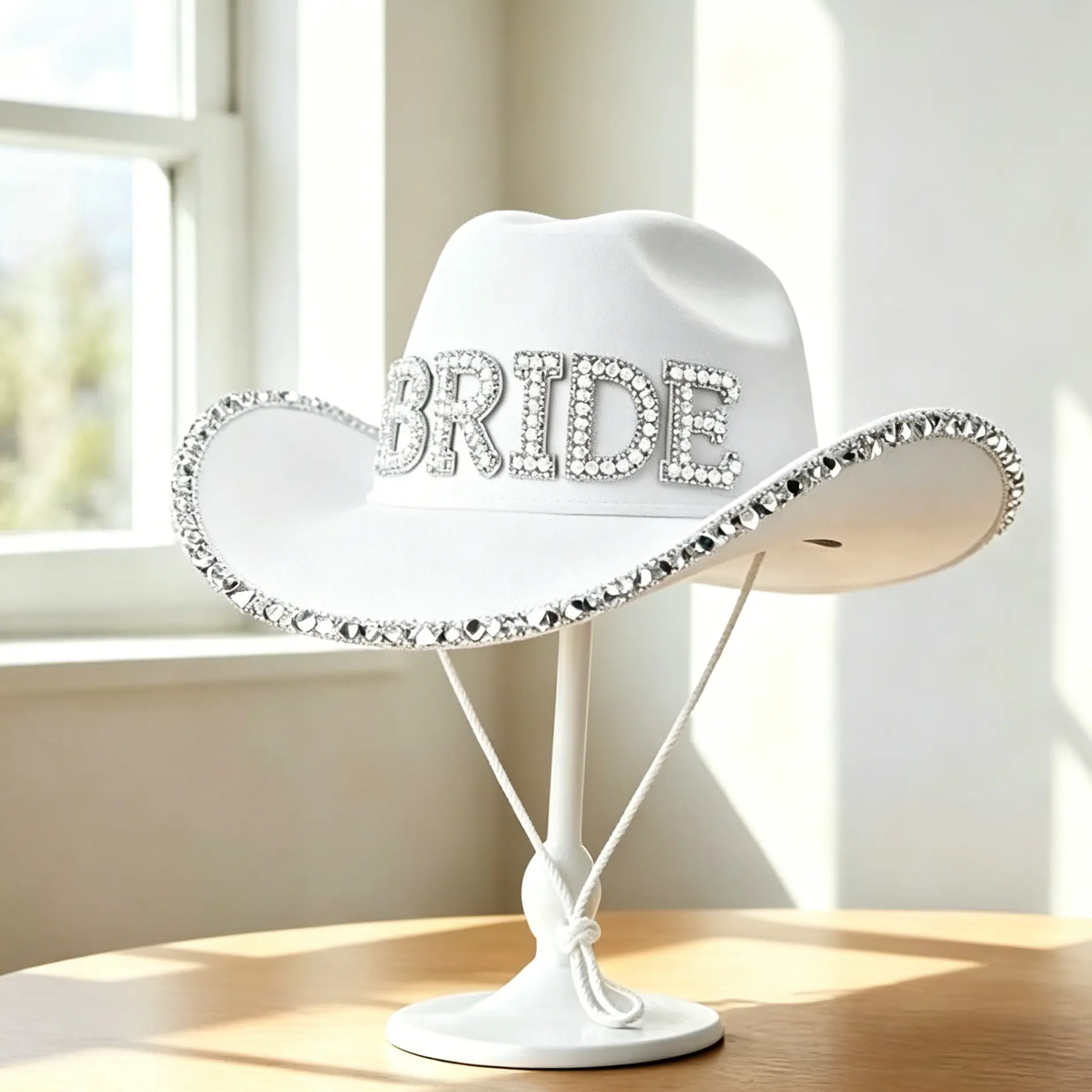 Women‘s Rhinestone BRIDE Cowboy Hat Bachelorette Party Western Decor Hat with Chin Strap Bling Top Hat