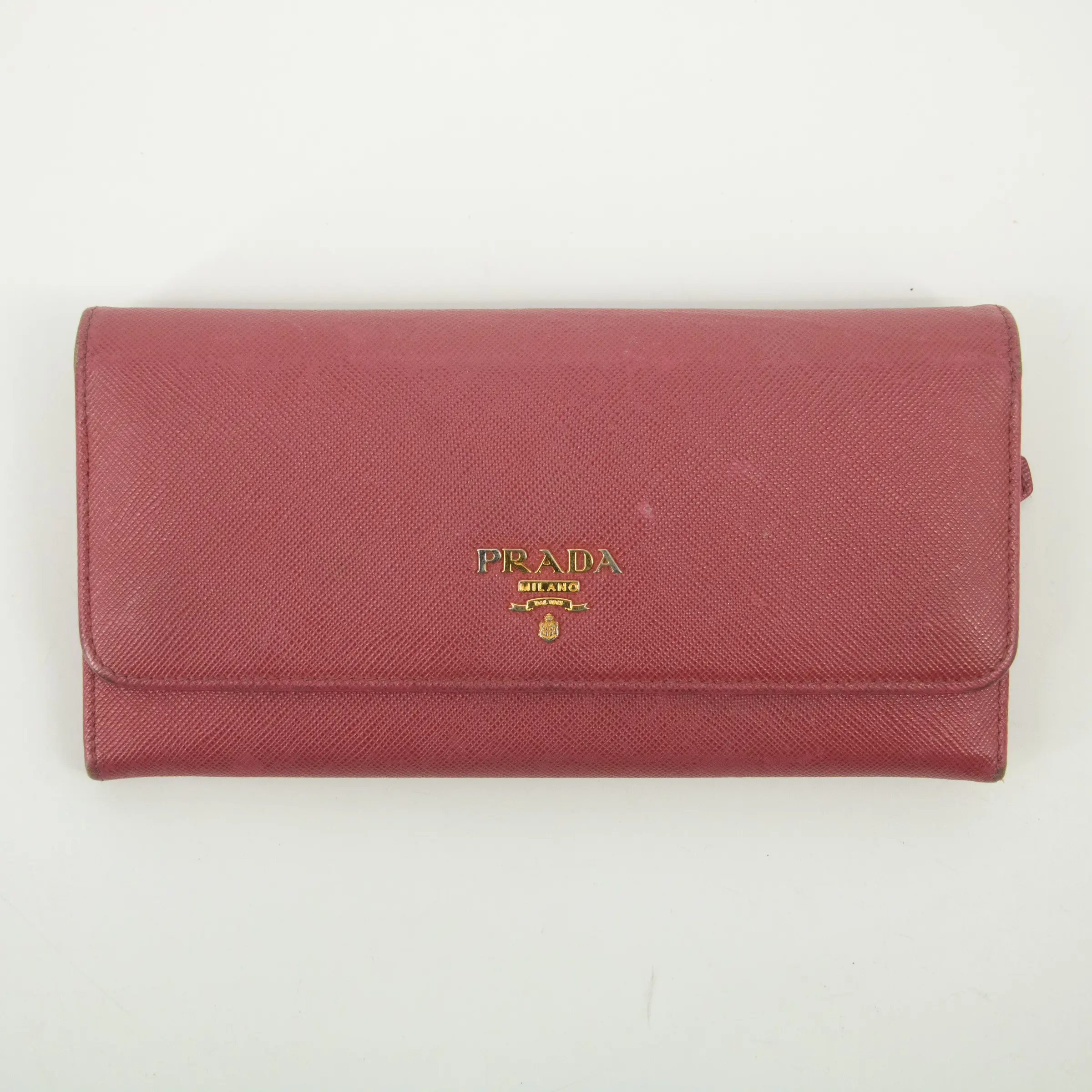 Pre-owned PRADA Leather Small Leather Goods Pink Saffiano Long Wallet #2466