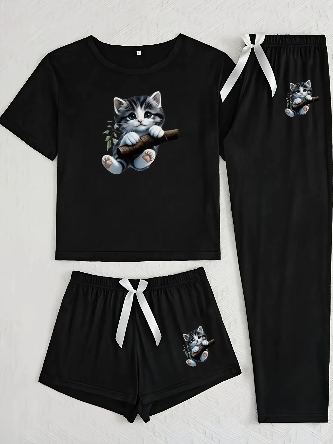 Cute Cat Three-Piece Home Set, Cartoon Pattern, Loose-Fitting Casual Wear, casual fashion set, Pants, All-Seasons Comfortable, Ideal for Daily Use, Everyday, Clothes