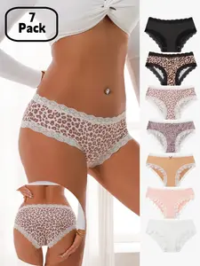 Women's Leopard Print Contrast Lace Underwear Set, Panties, Soft Milk Silk Fabric, Breathable & Comfortable, All-Seasons Wear, 7-Pack