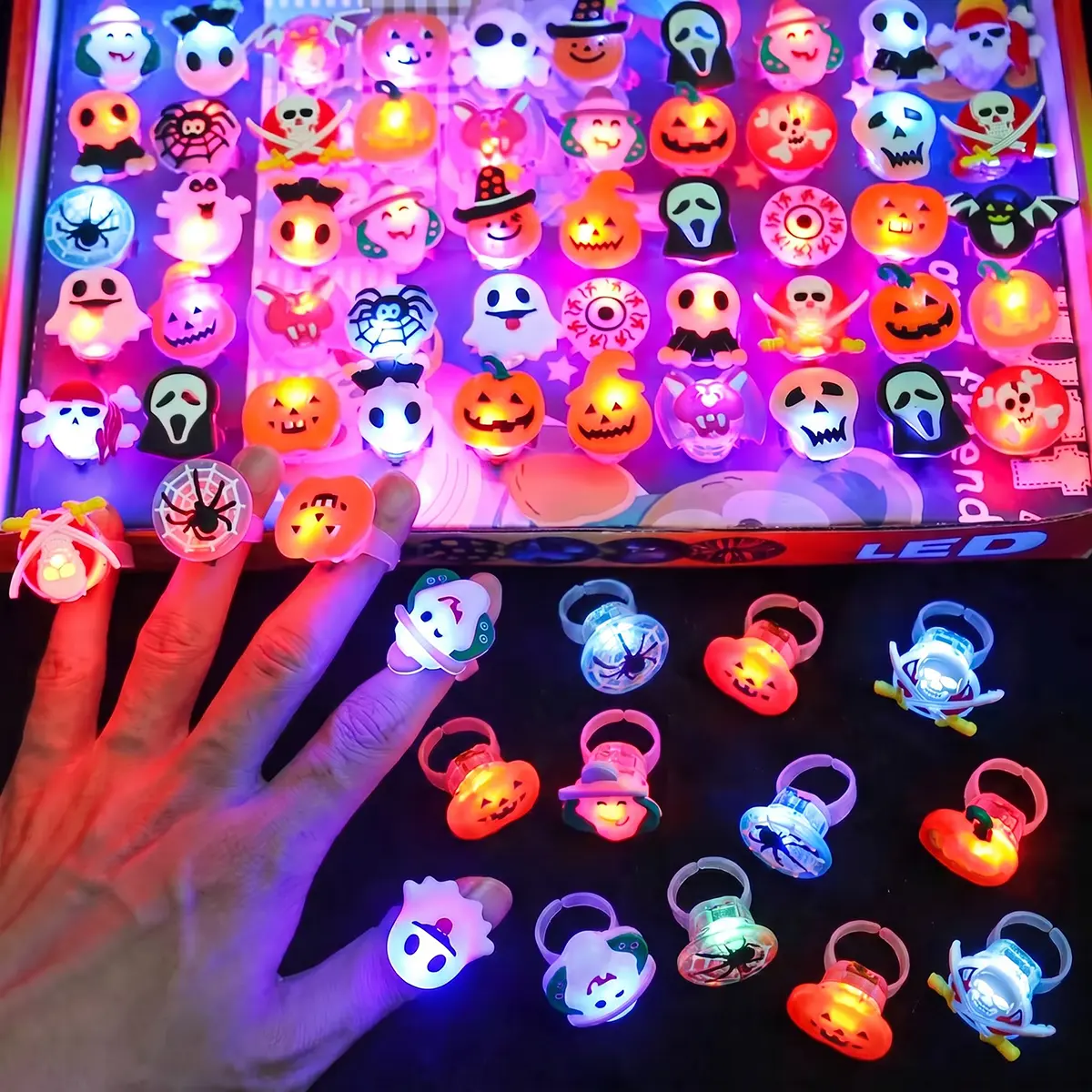 50PCS Halloween Light Up Rings, LED Glow Rings for Kids Adults, Flashing Finger Rings Halloween Party Favors, Trick or Treat Goodie Bag Fillers, Non Candy Treats, Spooky Party Supplies, Costume Accessories, School Event Prizes & Halloween Decorations
