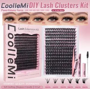 CoolleMi Fierce 256-320PCS DIY Lash Clusters Kit with Manga Clusters D Curl Fluffy 6 Options 30D-120D Waterproof Bond & Seal Comfortable Makeup Cosmetic Lashes Set