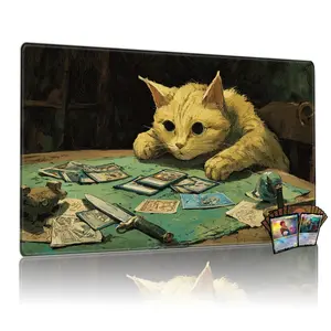 Cat Card Game Mat Mtg 14x24 Inch, Non-Slip Washable Tcg Playmat, Durable Dual-Needle Stitched Edge, Multi-Purpose Desk Mouse Pad, Gaming Mousepad