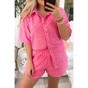 Peach Blossom Plus Size Checkered Terry Knit Short 2pcs Outfit