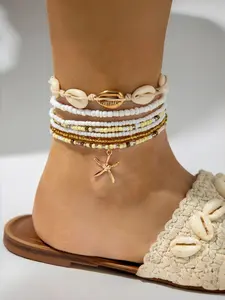 Women Bohemian Style Starfish Braided Anklet Set, Sea Shell Bead Anklets for Spring Summer Beach, Fashion Boho Style Trendy Beaded Jewelry Accessories